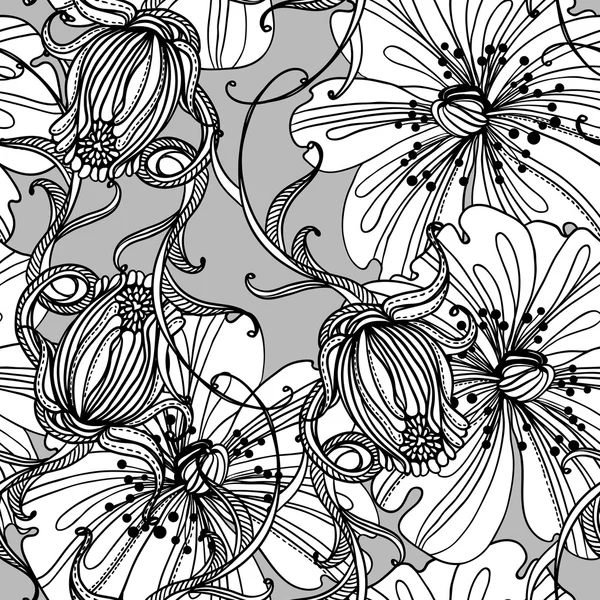 Black and white seamless pattern of abstract flowers and ornaments — Stock Vector