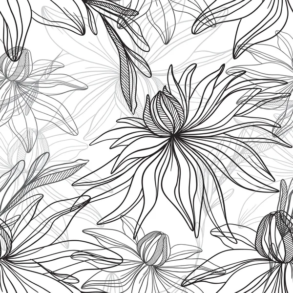 Black and white seamless pattern of abstract flowers and ornaments — Stock Vector