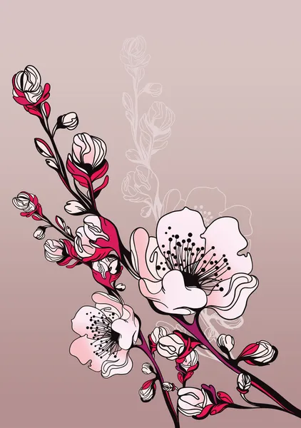 Ramo di ciliegio orientale fiorito e seta rosa — Vettoriale Stock