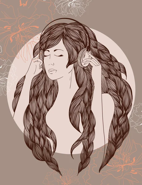 Girl with long hair listens to music in earphones — Stock Vector