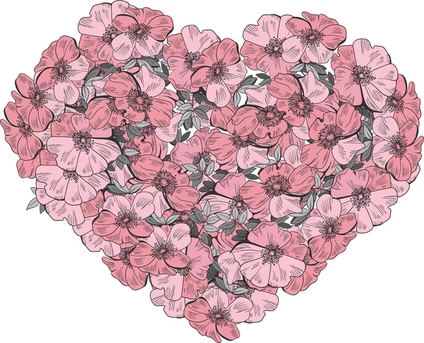 Серце з квітів і листя дикої троянди — стоковий вектор