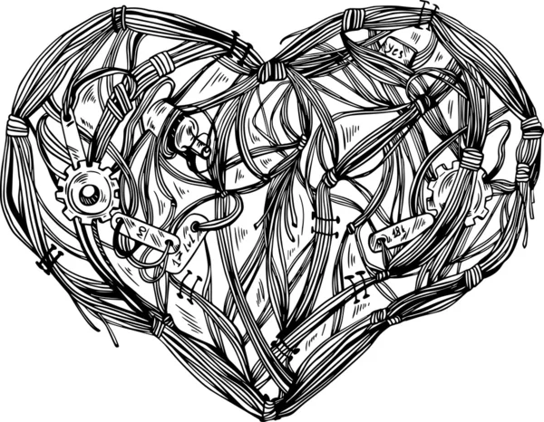 Μηχανική καρδιά από καλώδια - βιομηχανική σουρεαλισμός — Διανυσματικό Αρχείο