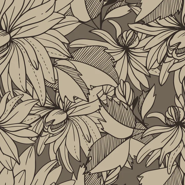 モノクロ レトロ ビンテージ シームレスなベクター パターン抽象的な花と葉 — ストックベクタ