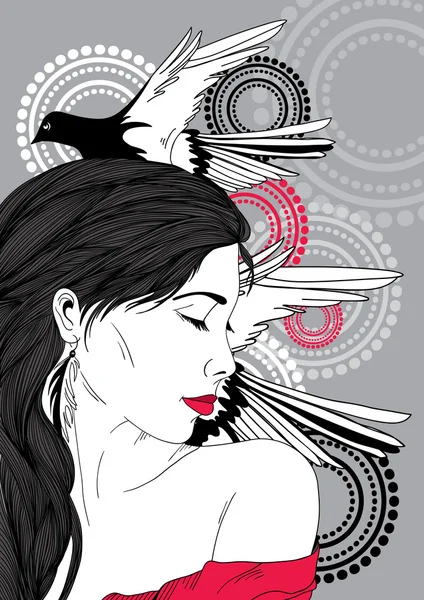 Retrato de hermosa chica con el pelo largo y las aves — Vector de stock