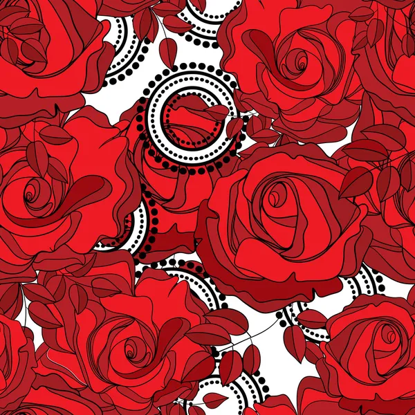 Бесшовный рисунок из красных роз и абстрактных кругов — стоковый вектор