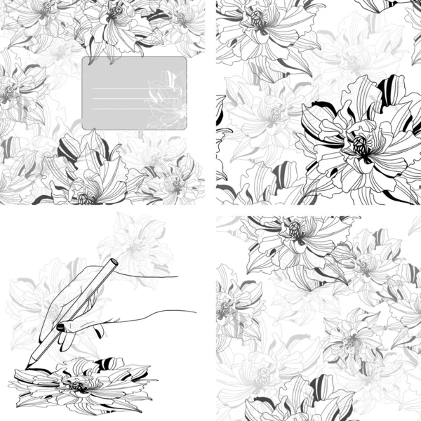 Set motifs monochromes sans couture et milieux de fleurs abstraites — Image vectorielle