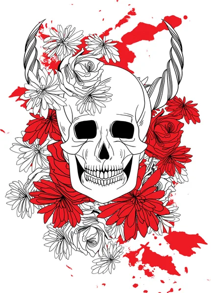 Tätowierung mit Totenkopf, Hörnern, Blumen und Blut — Stockvektor