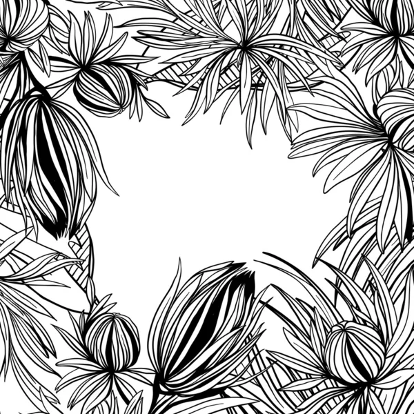 Vector frame of abstract black white flowers and leaves — Stock Vector