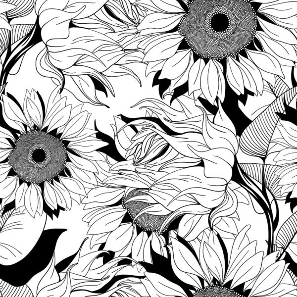 Vector monochrome seamless pattern from sunflower — Stock Vector