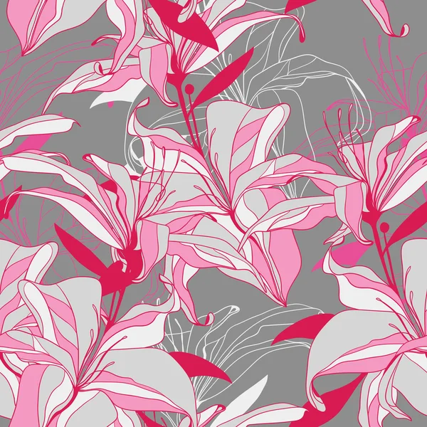 Vector seamless pattern from pink and grey lilies — Stock Vector