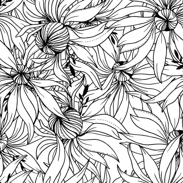 Vector seamless pattern of abstract black white flowers and leaves — Stock Vector