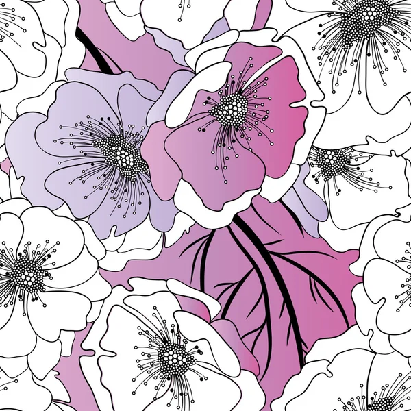 无缝模式从白-黑-粉红色-六出口管鲜花和分支机构 — 图库矢量图片
