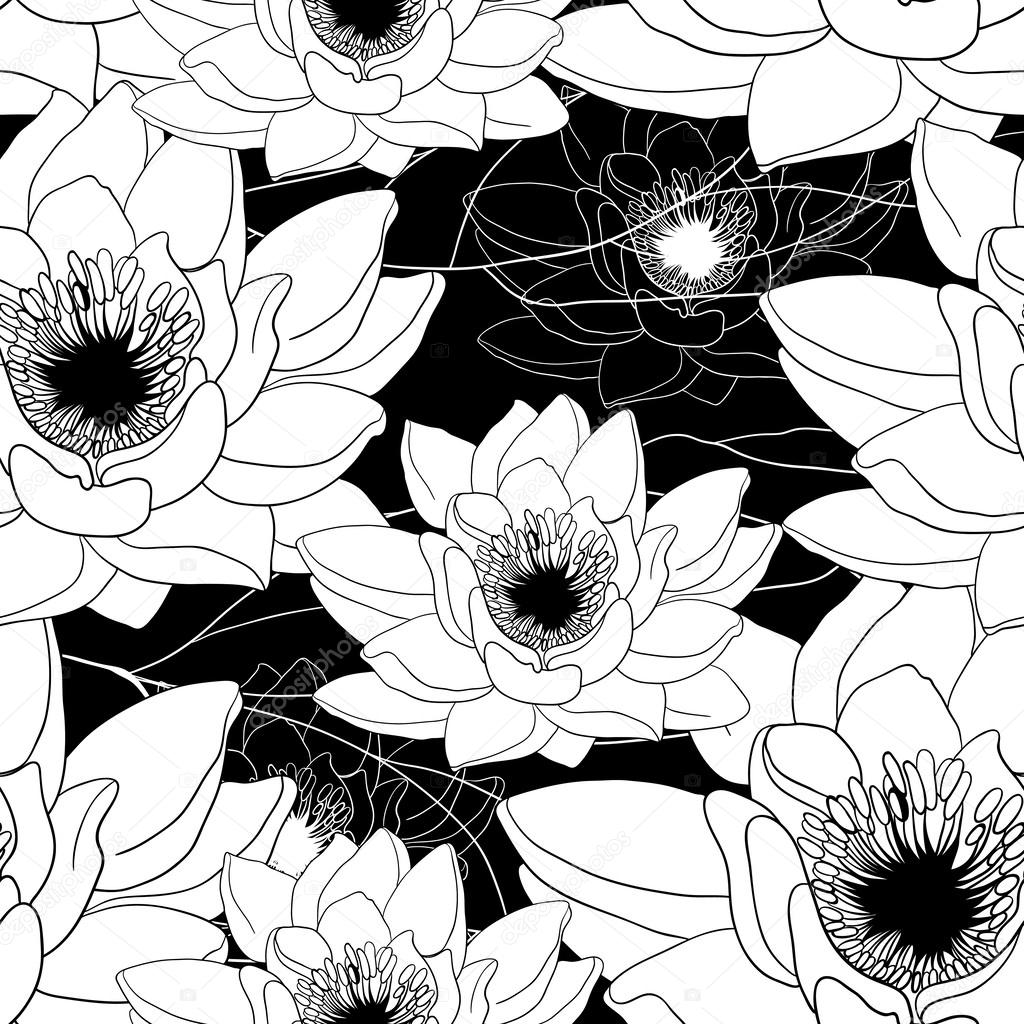 Monochrome Seamless Pattern With Water Lilies Stock Vector Image By C Chevnenko