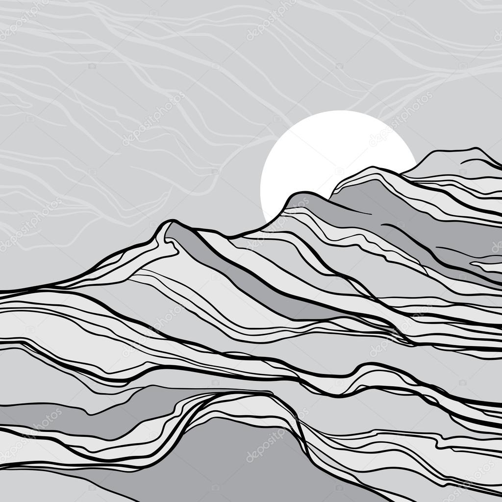 Abstract black and white landscape with mountains and sun