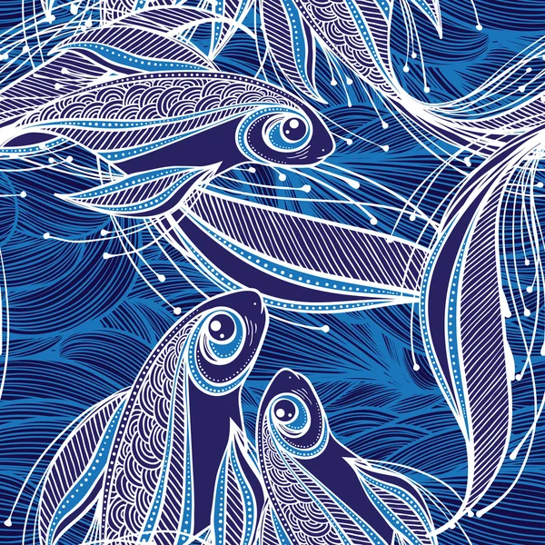 Seamless blue pattern with fantastic fishes — Stock Vector