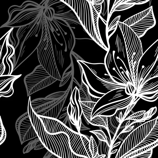モノクロのシームレスな花柄 — ストックベクタ