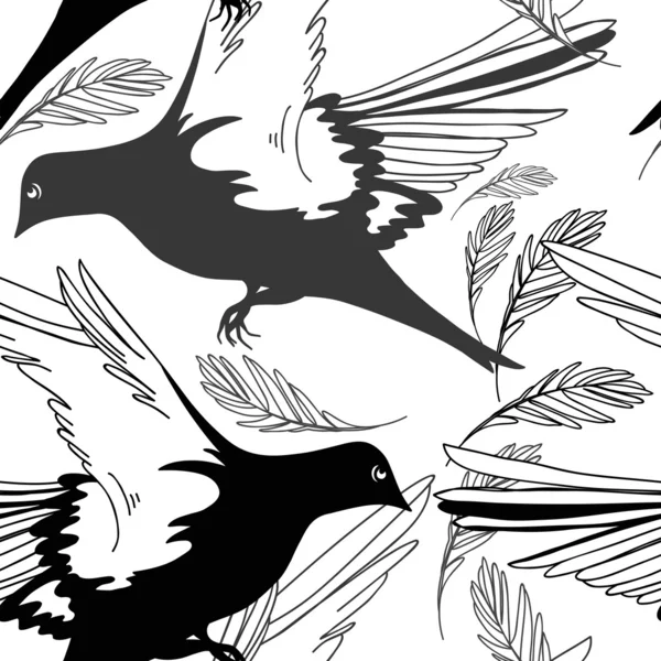 Modèle monochrome sans couture avec des oiseaux et des plumes — Image vectorielle
