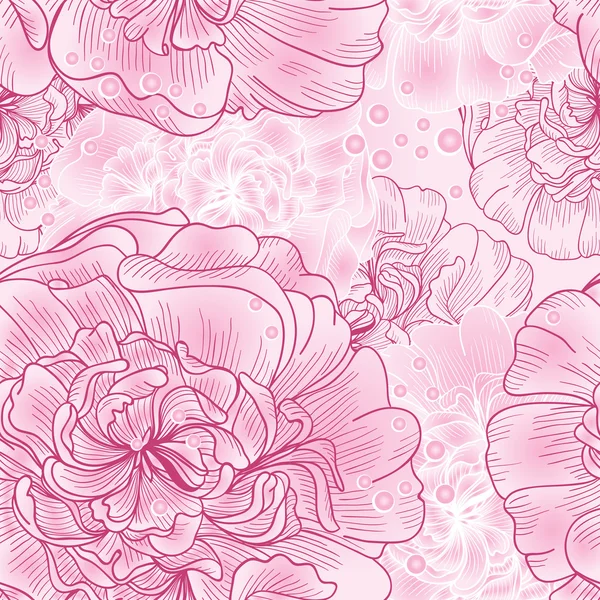Naadloze patroon van roze pioenrozen met roze en witte contouren — Stockvector