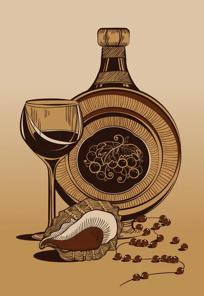 Retro zátiší lahví sklenice na víno a mušlemi. — Stockový vektor