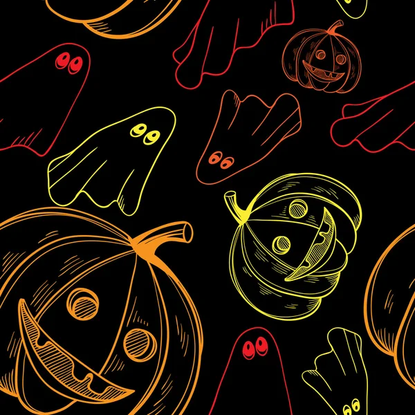 Patrón sin costuras para Halloween con calabazas y fantasmas — Vector de stock