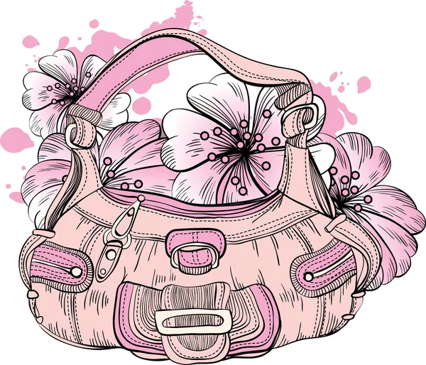 Pink ladies handbag on a white background with flowers and blots