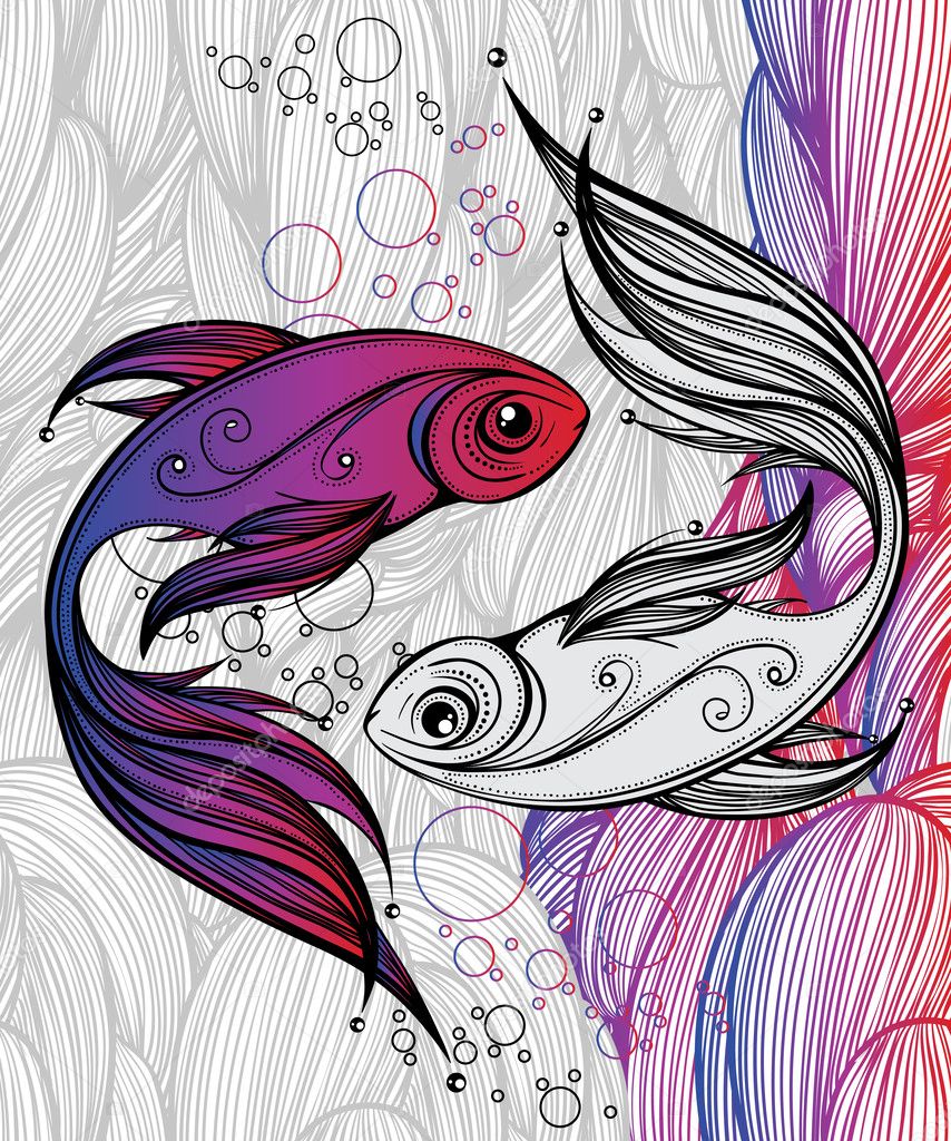 Abstract colorful fish on the background of waves