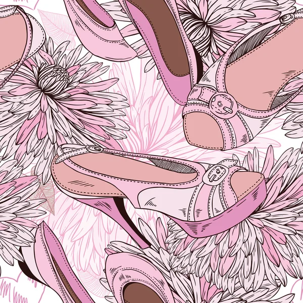 女性の靴や花のシームレス パターン — ストックベクタ