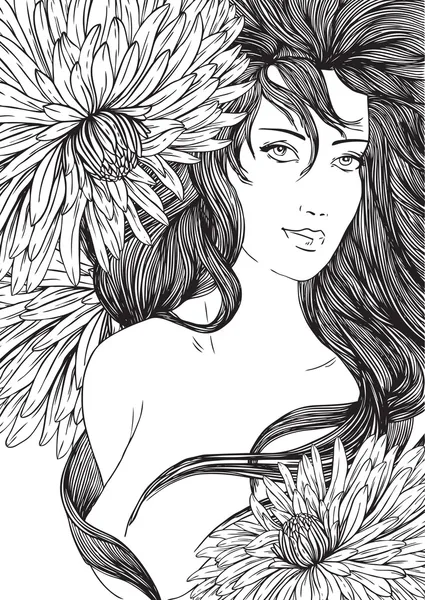 Рука намальована красива дівчина з довгим волоссям і квітами — стоковий вектор