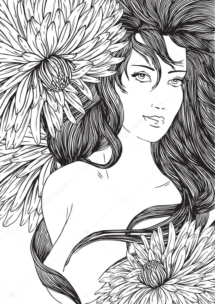 Hand drawn beautiful girl with long hair and flowers