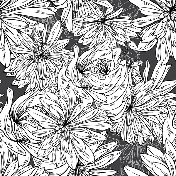 Patrón monocromo sin costura de flores abstractas — Archivo Imágenes Vectoriales