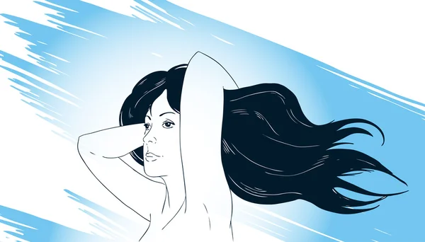 Dívka s dlouhými vlasy, v pozadí oblohy — Stockový vektor