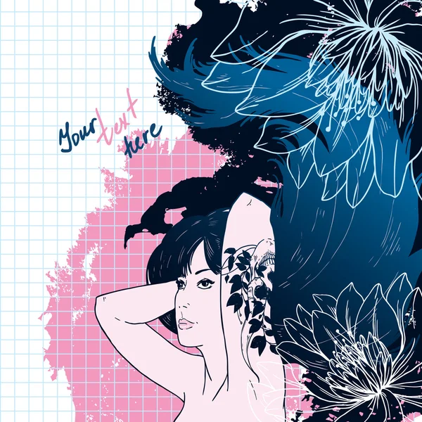 黑发的女孩穿着与花卉图案 — 图库矢量图片