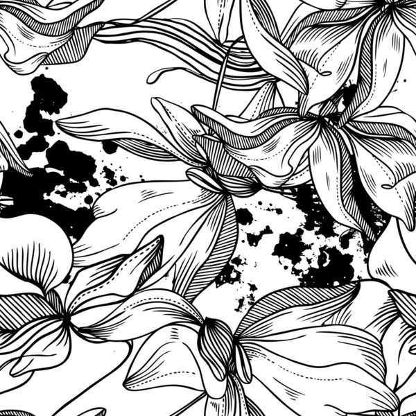 Seamless monochrome pattern of flowers orchids, waves and smudges — Stock Vector