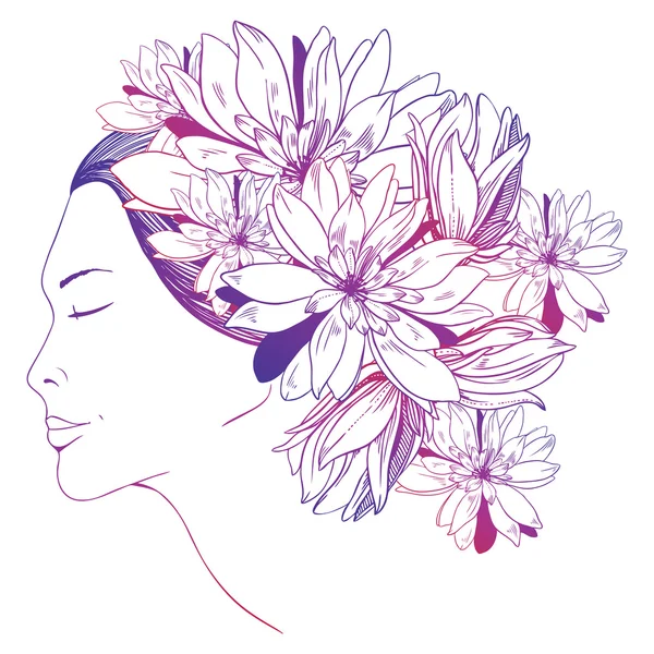 Retrato monocromático de menina com flores no cabelo — Vetor de Stock