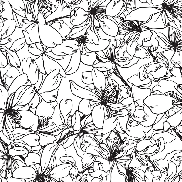 Modello monocromatico senza cuciture da rami e fiori ciliegia orientale — Vettoriale Stock