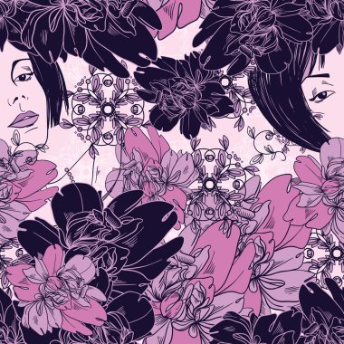 Abstract vector seamless pattern with girl flowers and ornaments clipart