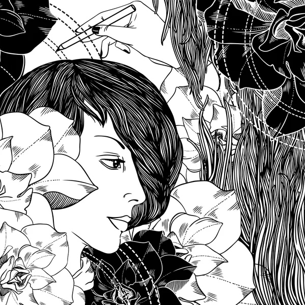 Дівчина, квіти, хвилі і рука з олівцем — стоковий вектор