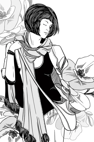 Mladá dívka v dlouhém šálu a květiny — Stockový vektor