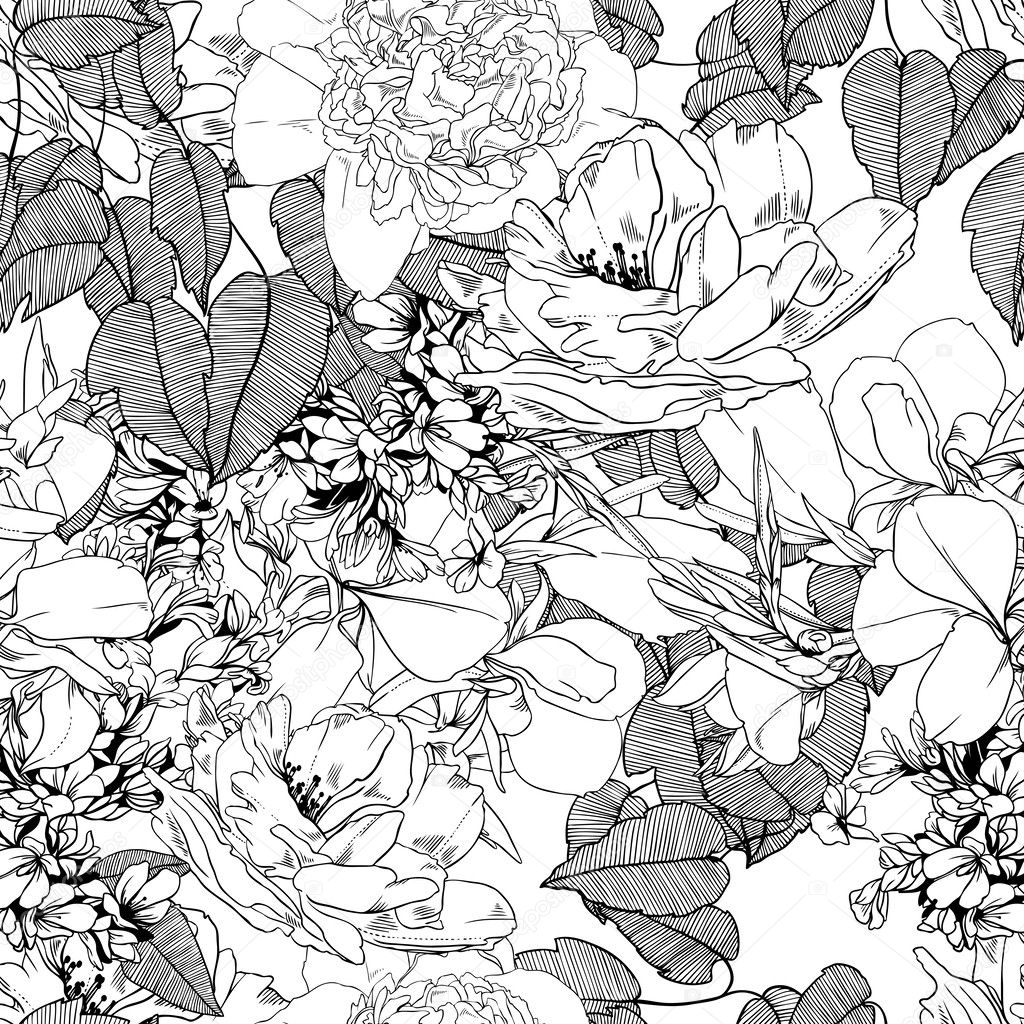 Seamless monochrome vector flowers pattern