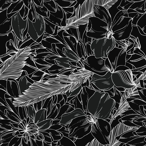 추상 꽃과 잎에서 흑백 원활한 벡터 패턴 — 스톡 벡터