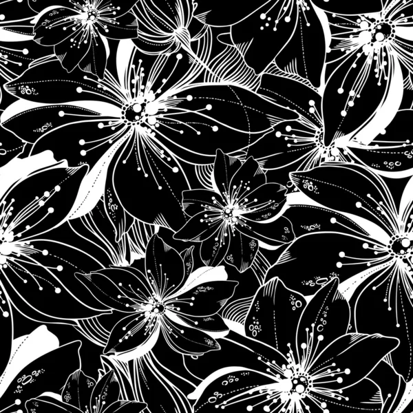 Seamless vector pattern of monochrome fantastic flowers — Stock Vector