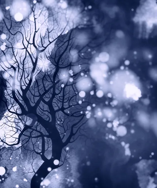 暗い冬の夜に裸の木 デジタルラインは水彩テクスチャで絵を手描き メディア アートワーク — ストック写真