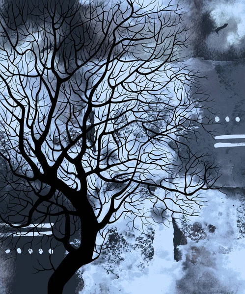 Γυμνό Δέντρο Σκοτεινή Χειμωνιάτικη Νύχτα Ψηφιακές Γραμμές Ζωγραφισμένες Στο Χέρι — Φωτογραφία Αρχείου