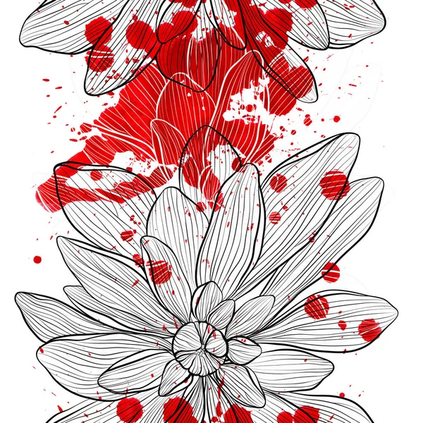 幻想的な菊の血の赤シームレスなパターン デジタルラインは水彩テクスチャで絵を手描き 混合メディアアートワーク スクラップブッキング デカッページ 織物のための無限のモチーフ — ストック写真