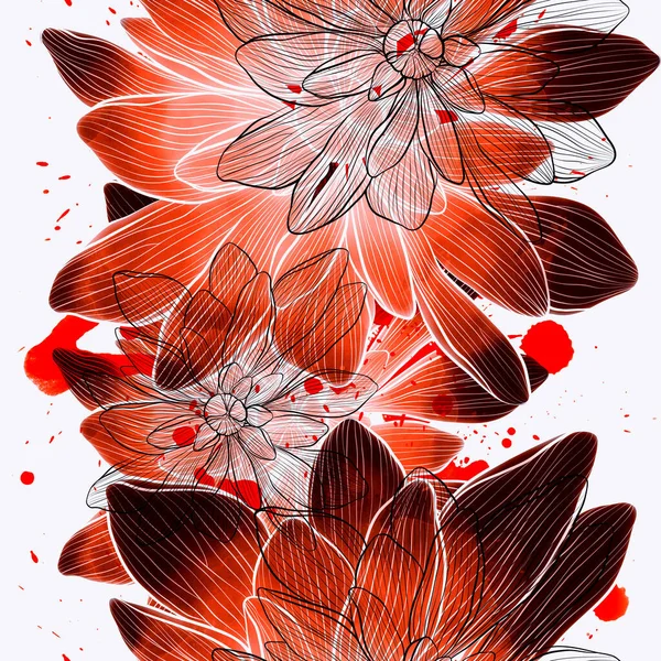 幻想的な菊の血の赤シームレスなパターン デジタルラインは水彩テクスチャで絵を手描き 混合メディアアートワーク スクラップブッキング デカッページ 織物のための無限のモチーフ — ストック写真