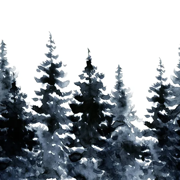 Winterbomen Aan Horizon Naadloze Grens Handgetekend Plaatje Met Aquareltextuur Gemengde — Stockfoto