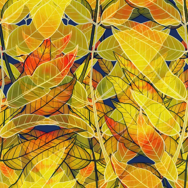 Realistic Leaves Deciduous Tree Seamless Pattern Digital Lines Hand Drawn — Stock Photo, Image