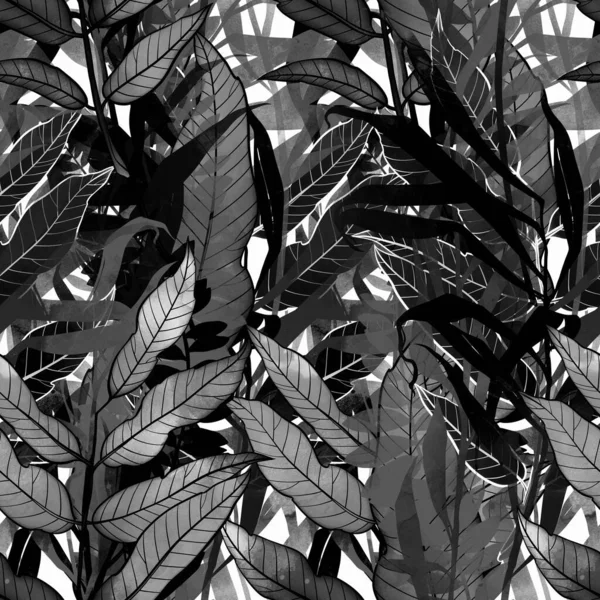 Fantastic Abstract Tropical Leaves Seamless Pattern Digital Lines Hand Drawn — Stock Photo, Image