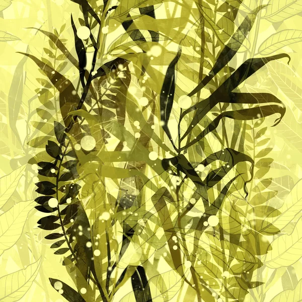 幻想的な抽象的な熱帯の葉シームレスなパターン デジタルラインは水彩テクスチャで絵を手描き 混合メディアアートワーク スクラップブッキング デカッページ 織物のための無限のモチーフ — ストック写真