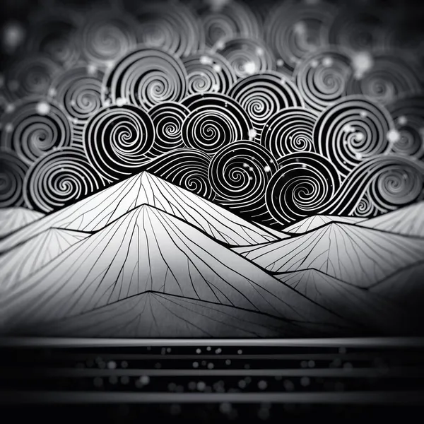 Φανταστικά Αφηρημένα Διακοσμητικά Βουνά Ουρανός Και Θάλασσα Ψηφιακές Γραμμές Ζωγραφισμένες — Φωτογραφία Αρχείου
